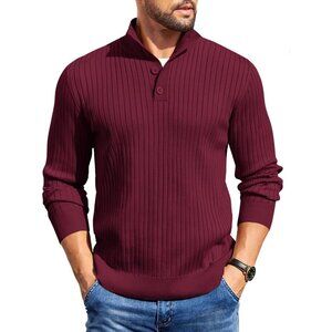 Men's Quarter Button Sweater Long Sleeve Stand Collar Sweater Knitted Wine Red